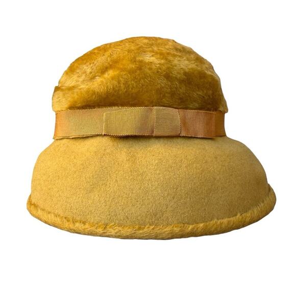 VTG MOD Duchess Italian Wool Felt Faux Fur Cloche Bucket Cossack Style Hat Amber